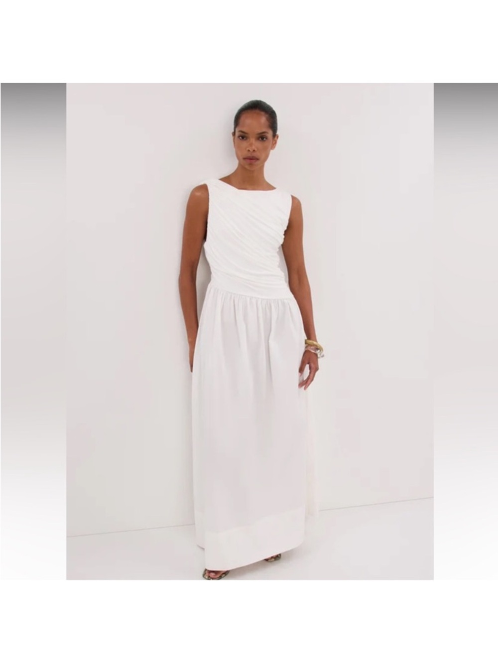 DISSH White Sleeveless Ruched Bodice Maxi Dress